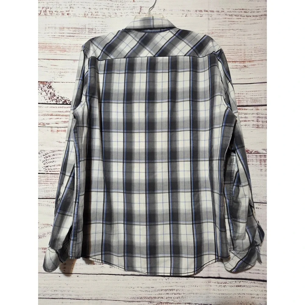 Chals Mens Plaid Button Down Shirt Large Blue Grey White Cotton Street Western